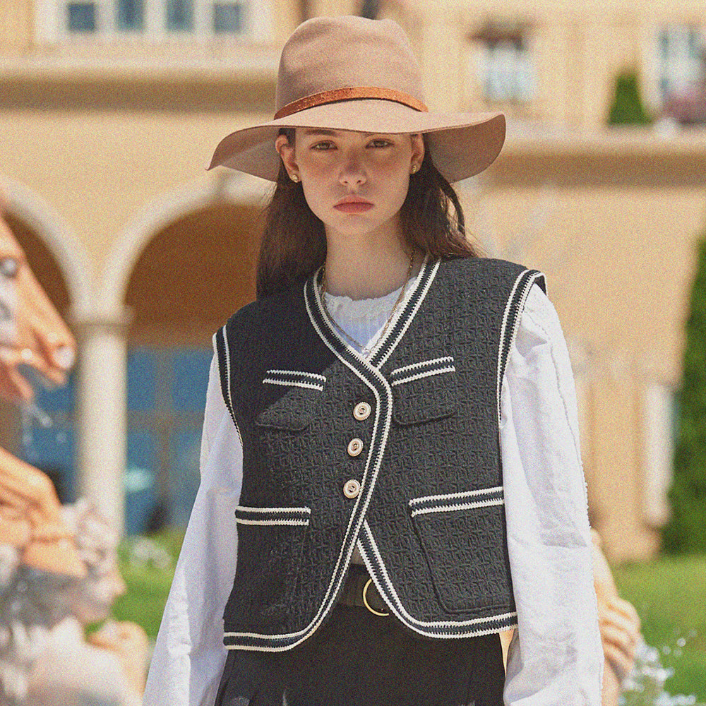 ツイードキルティングレースベスト / Tweed Quilted Lace Vest (Black