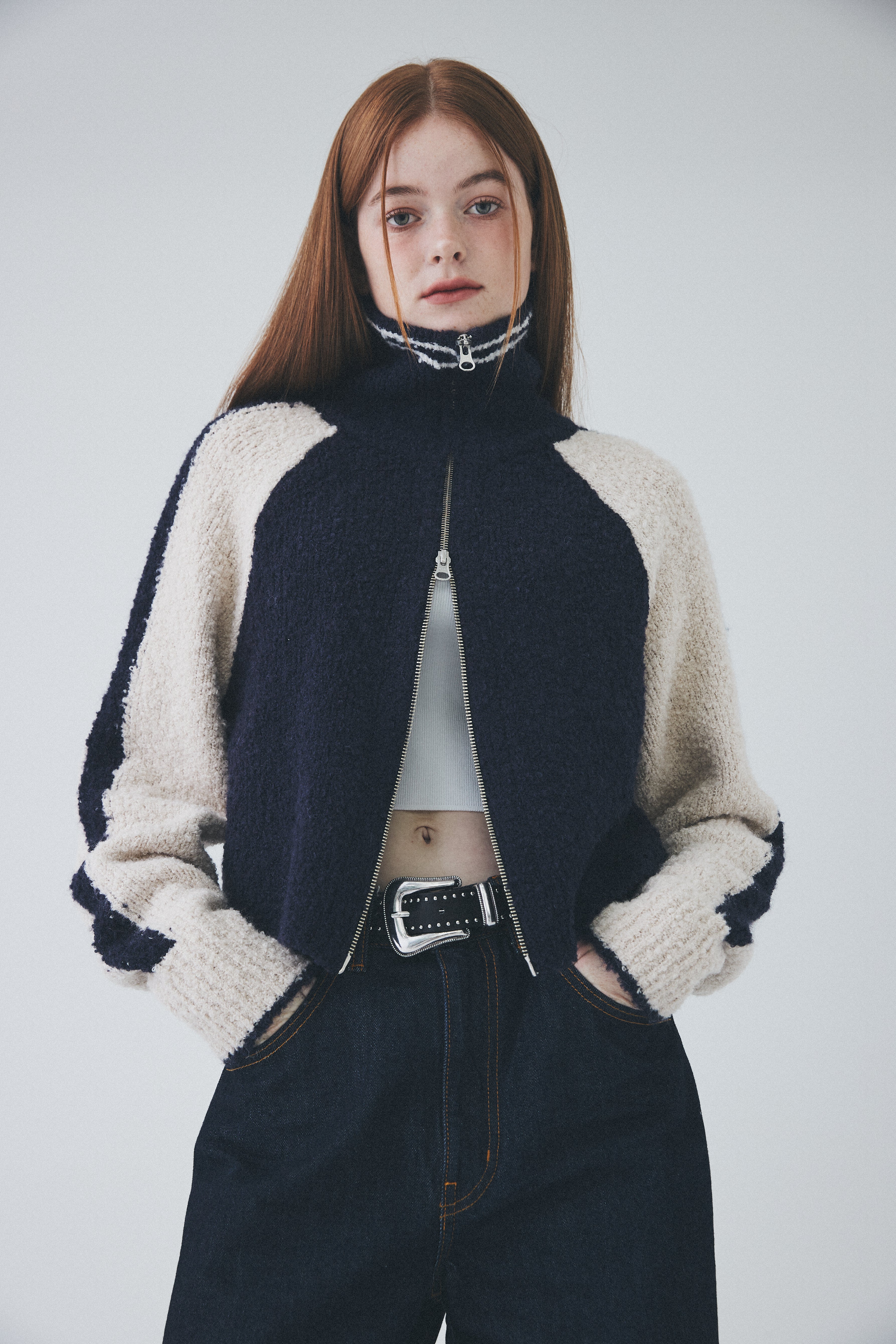 ボウクル2WAYジップアップニット / Boucle 2way Zip-up Knit [Navy