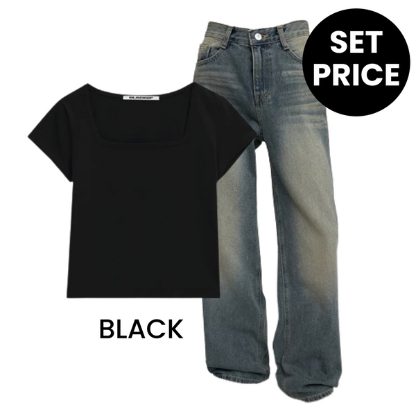 【SET】 Susan Square Neck Short Sleeve Tee(BLACK) + Pesto Wide Denim Pants