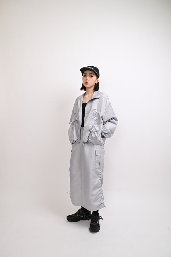 Stand-collar jacket with double drawstrings in textured gray