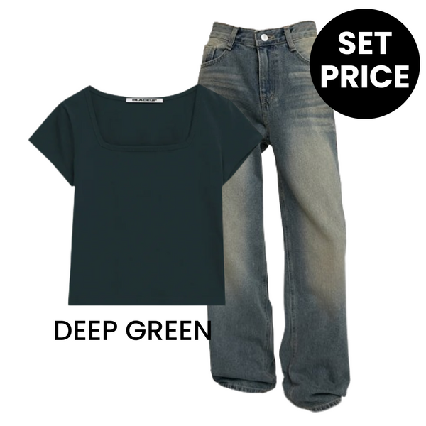【SET】スーザンスクエアネック半袖Tシャツ(DEEP GREEN) + ペストワイドデニムパンツ
