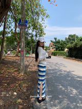 Blue Striped Long Slit Skirt
