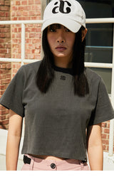 Pigment Logo Embroidery Cropped Short Sleeve T-Shirt Charcoal