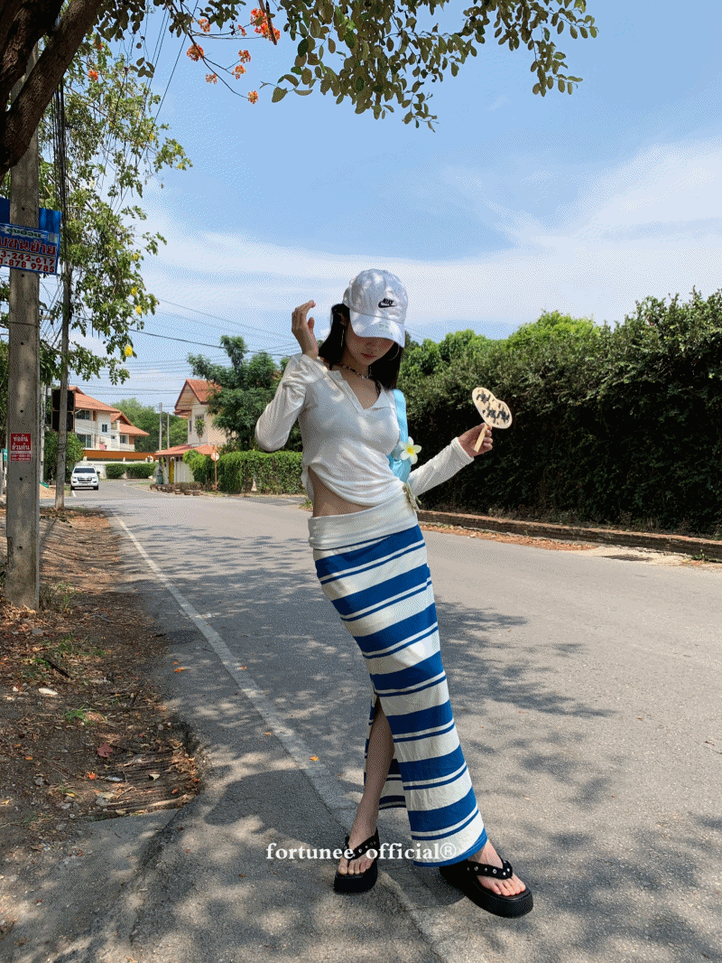 Blue Striped Long Slit Skirt