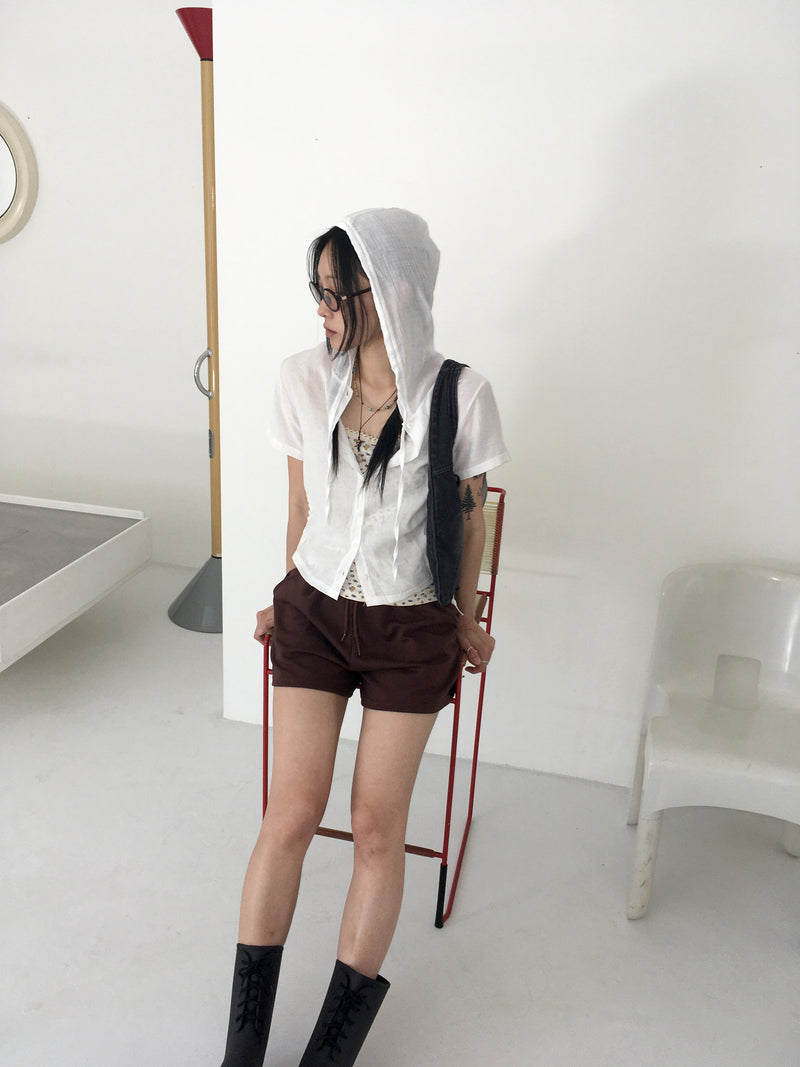 Weving see-through side shirring pleated hooded short-sleeved cardigan