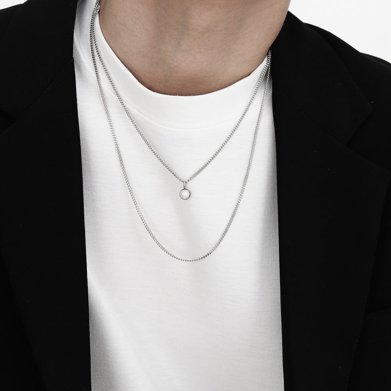 Men's Necklace Two Strings Layered Chain Pearl Point_CLEF CUE POINT