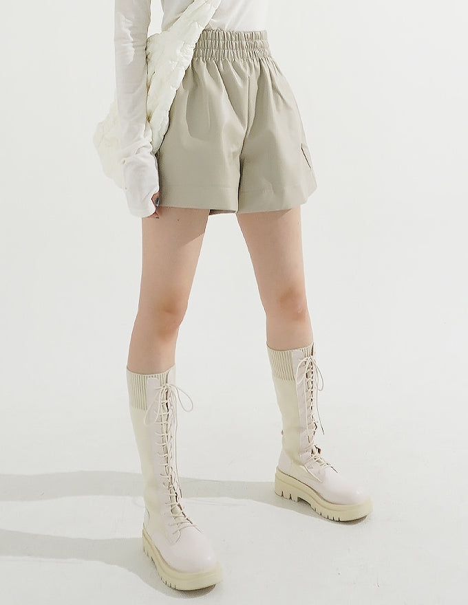 Synthetic Leather Triple Banding Wide Shorts