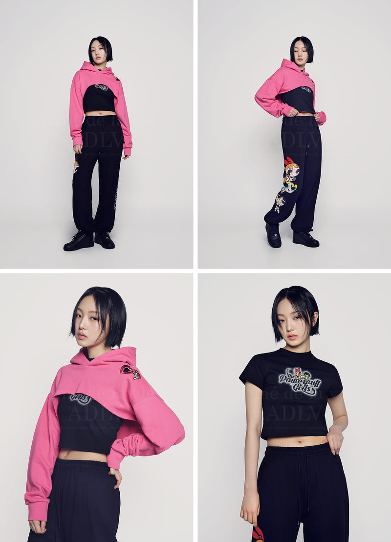 [24SS] The Powerpuff Girls x acmedelavie heart cut-out needlework bolero hoodie BLACK