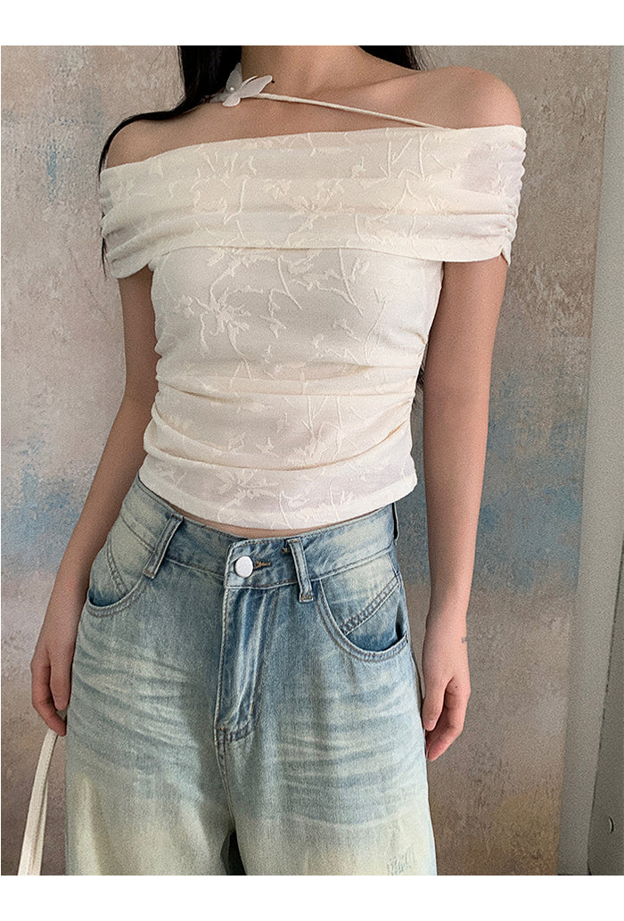 Mood embroidered fly off-shoulder tee