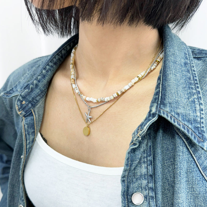 [set] natural shell beads & gold pendant necklace