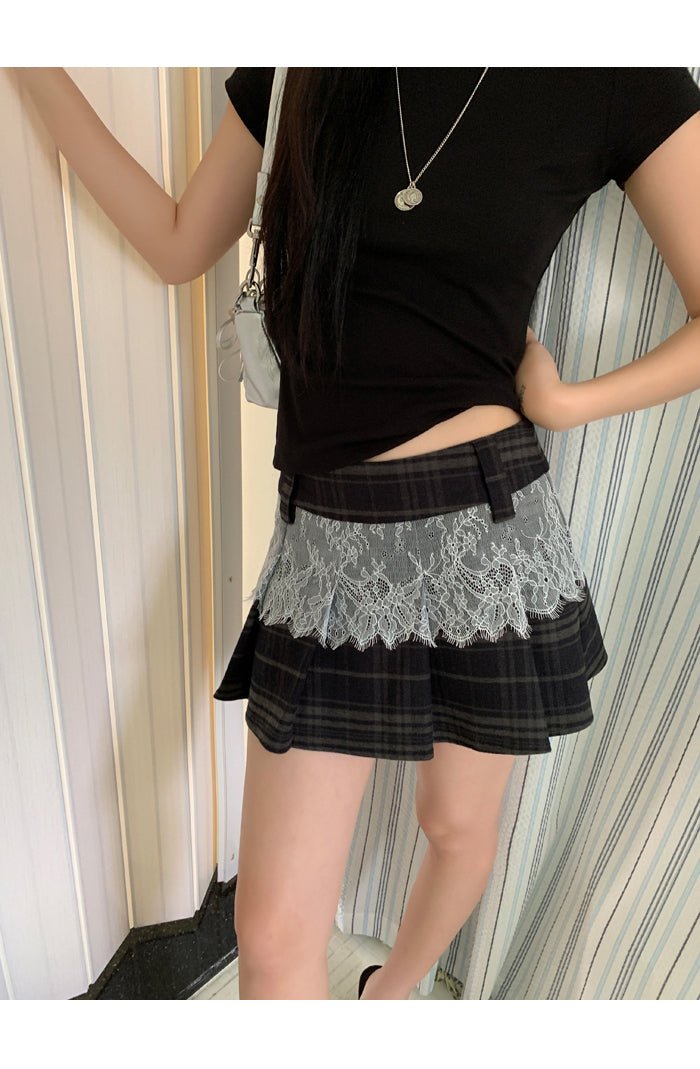 Vintage Lace Check Pleated Skirt