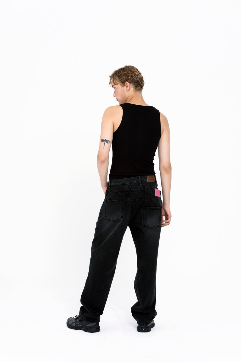 Layerd manual lock denim jeans [BLACK]
