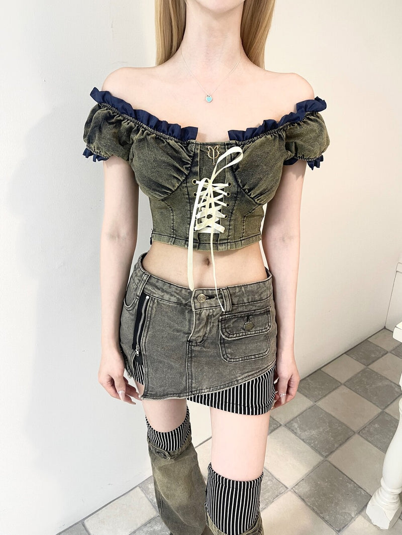 1273. Denim frill corset crop bl