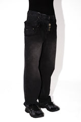 Layerd manual lock denim jeans [BLACK]