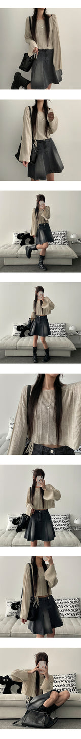 Pleated Unbalanced String Cropped Long-Sleeved Knitwear