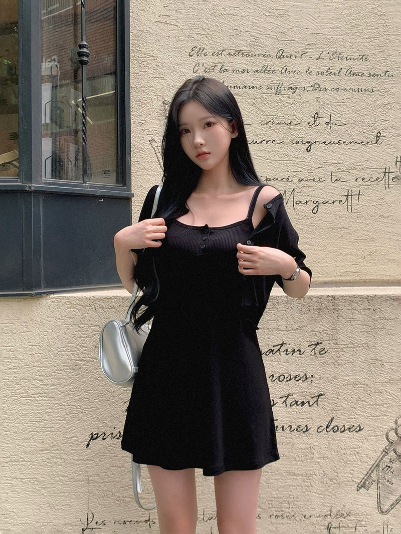 [BELLIDE MADE] Daily camisole dress + cropped short-sleeved cardigan