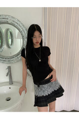 Vintage Lace Check Pleated Skirt