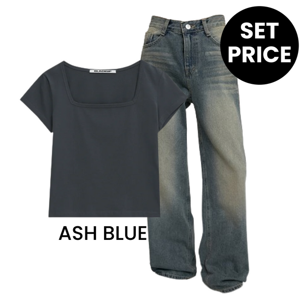 【SET】 Susan Square Neck Short Sleeve Tee(ASH BLUE) + Pesto Wide Denim Pants