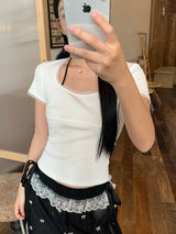 Strap layered lace short sleeve tee