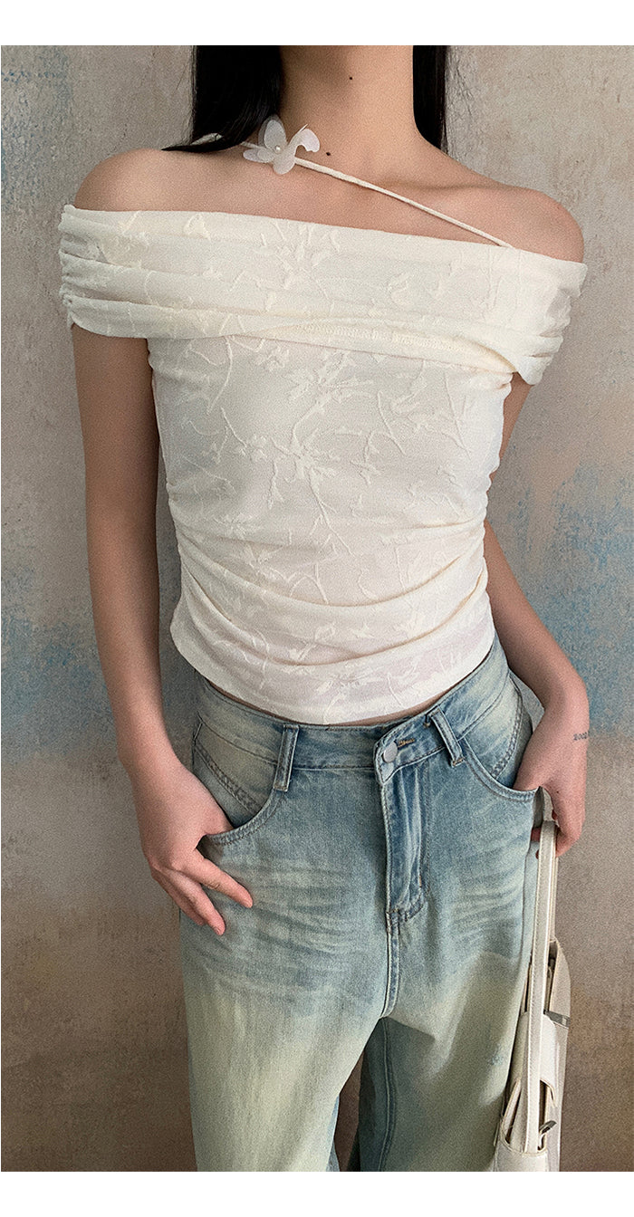 Mood embroidered fly off-shoulder tee