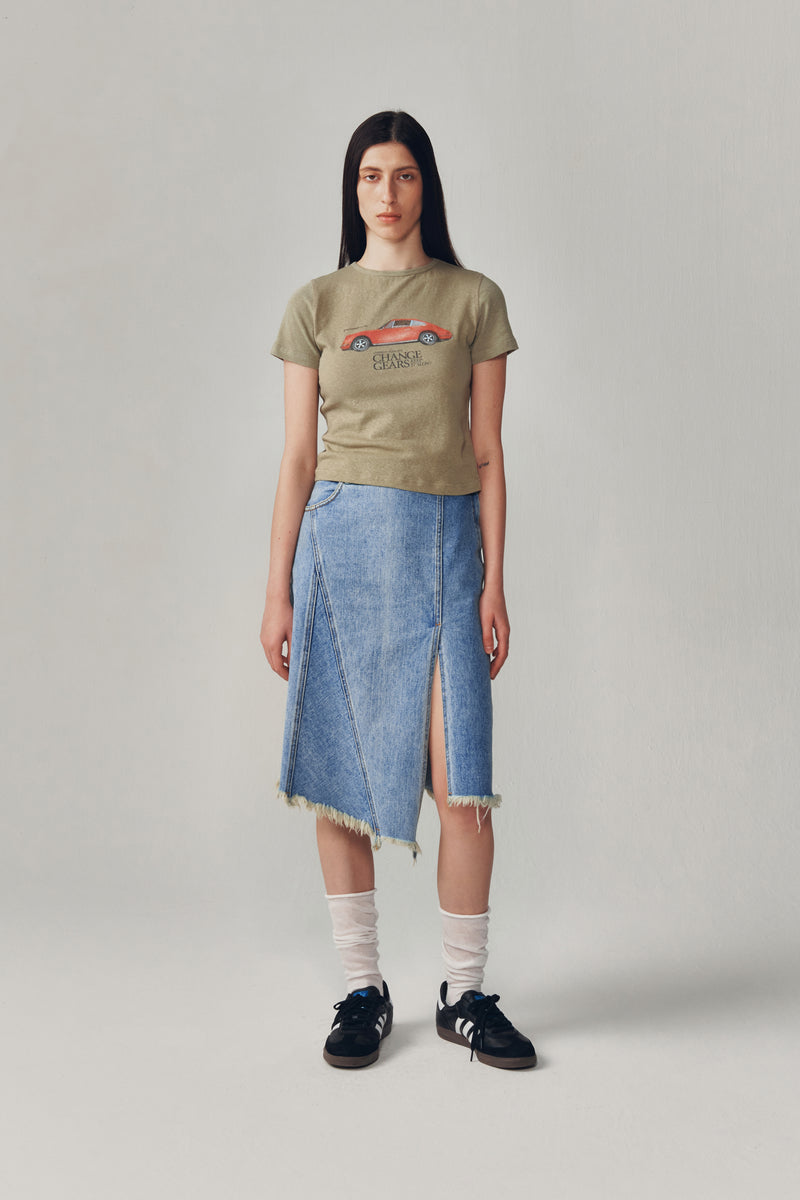 アシメトリックデニムミディスカート / ASYMMETRIC DENIM MIDI SKIRT