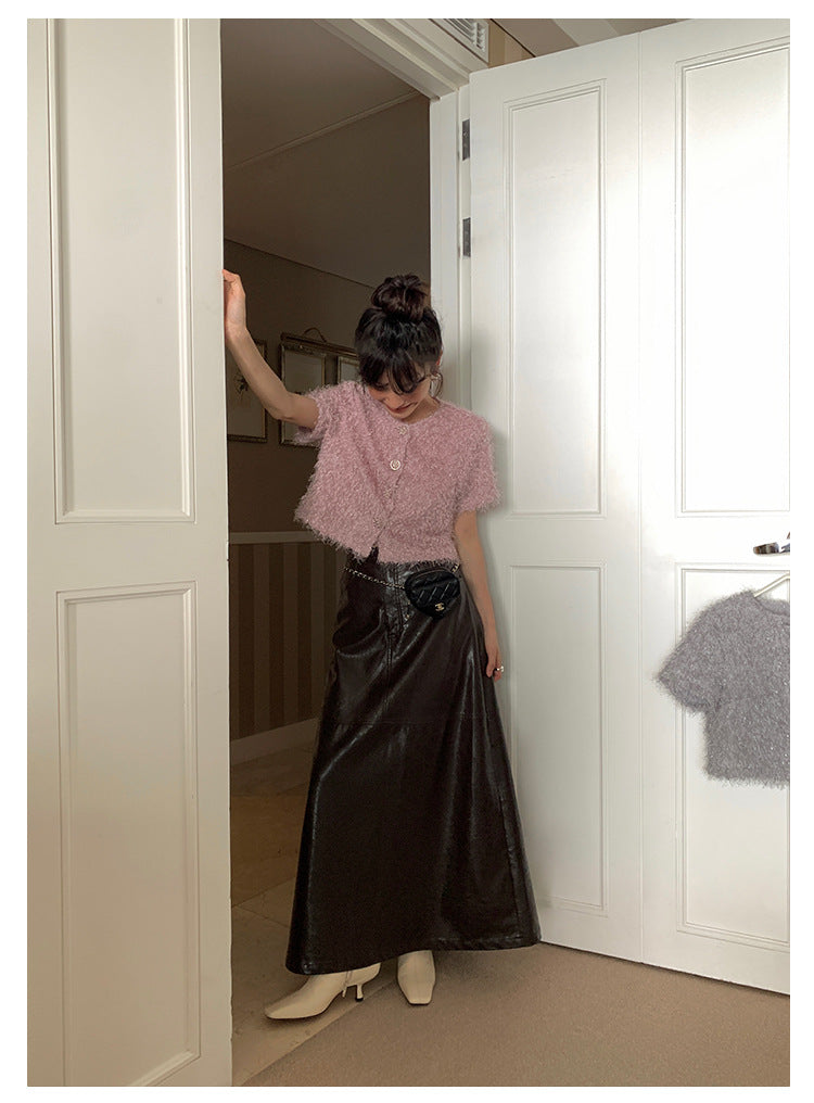 Brown leather long skirt