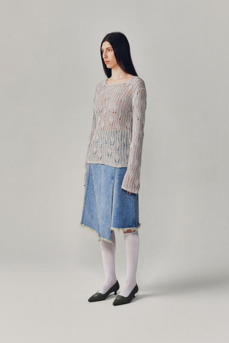 ボートネックシアーニットトップス / BOAT NECK SHEER KNIT TOP [LIGHT GRAY]current./ {{  category }}