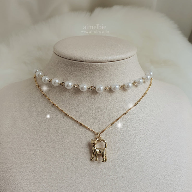 キティレイヤードパールチョーカー / Kitty Layered Pearl Choker Necklace -Gold ver. (Kep1er Yujin Necklace)