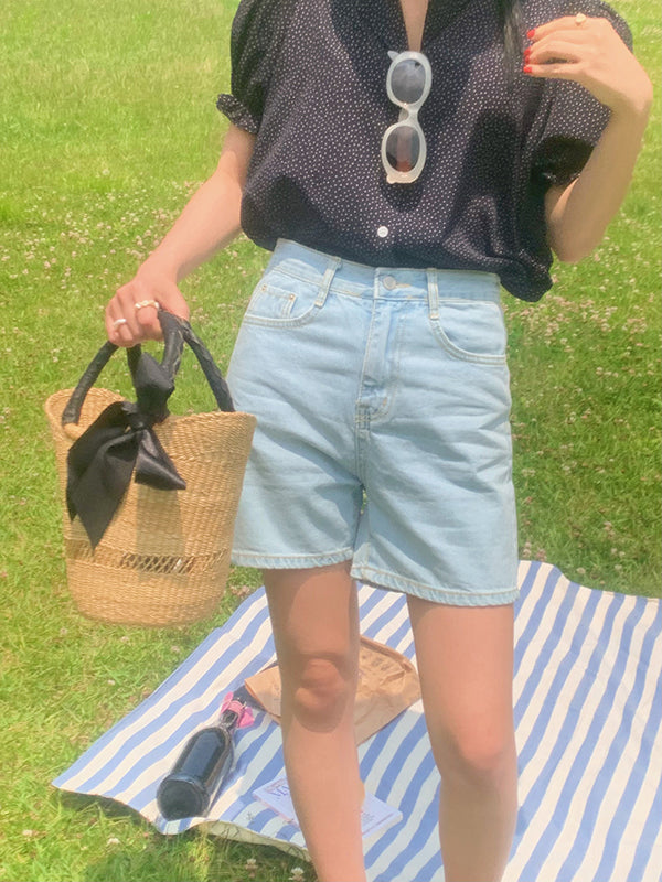 ミレ 夏 デニム ライトブルー ダークブルー コットン ショートパンツ パンツ(2color) / Mille Summer Denim Light  Blue Cotton Shorts (2 colors)frenchaube/ {{ category }}