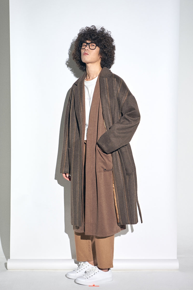 STRIPE COMBINATION WOOL ROBE COAT (Brown) / ストライプ