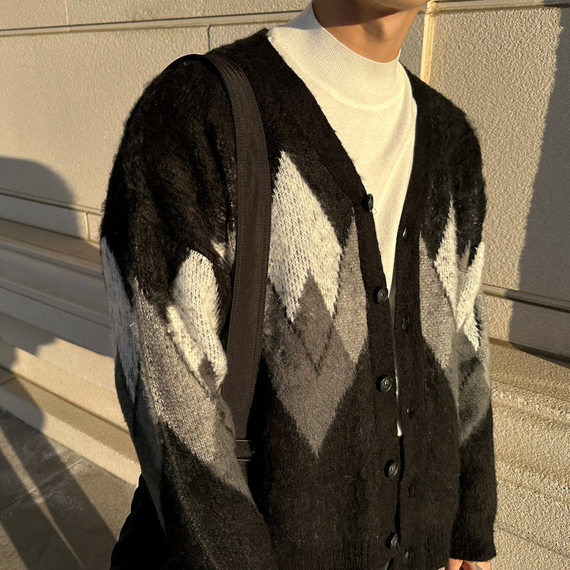 モヘアアーガイルVカーディガン / ASCLO Mohair Argyle V Cardigan