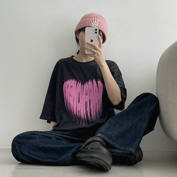 セーフピンクハート半袖Tシャツ / Safe pink heart short sleeve T-shirt