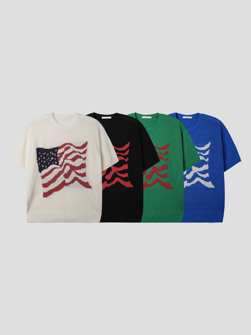 USAフラッグ半袖ニット/USA flag half-sleeves knit 4colorSIMIO/ {{ category }}