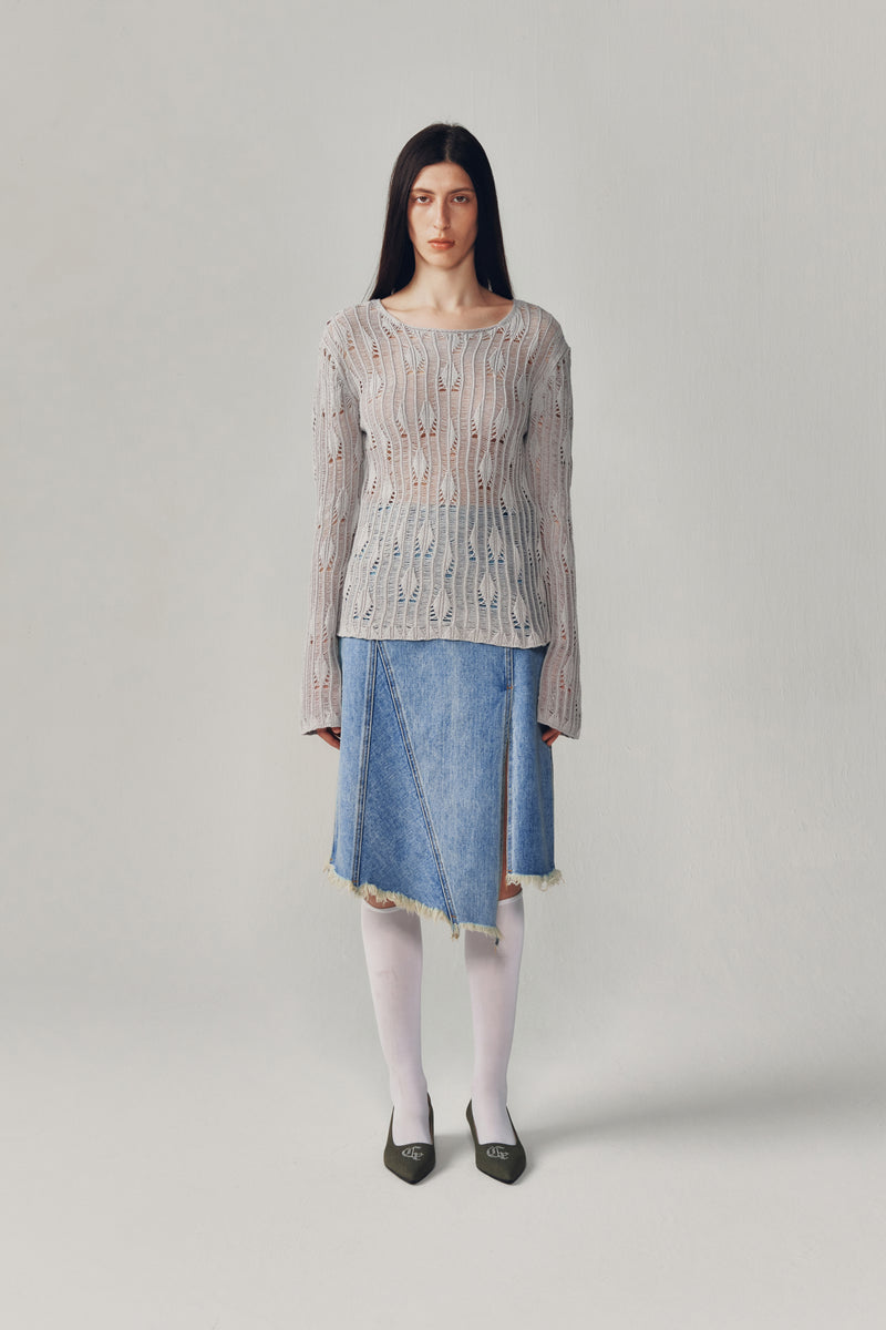 ボートネックシアーニットトップス / BOAT NECK SHEER KNIT TOP [LIGHT GRAY]current./ {{  category }}