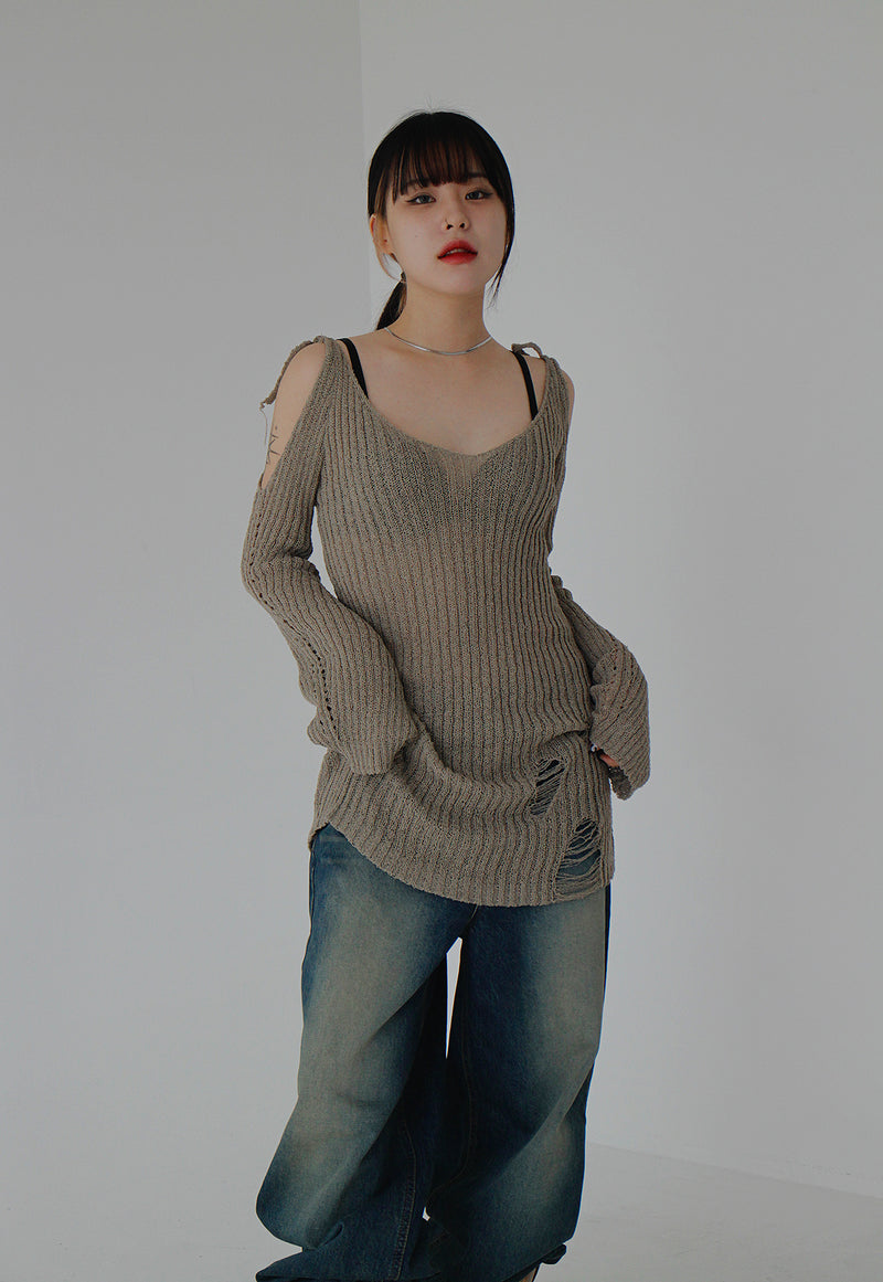 リボンオープンショルダーニット / Ribbon Open Shoulder Knit (4color