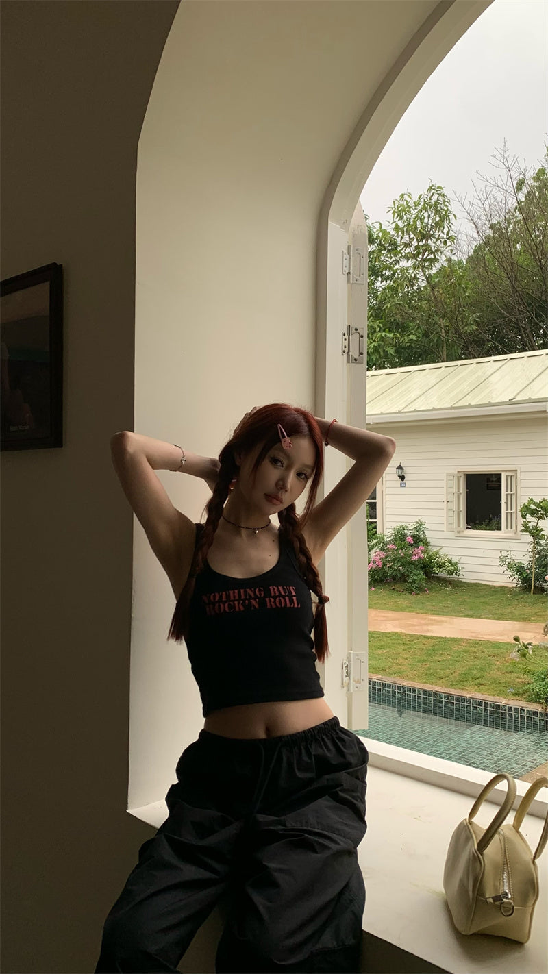 red lettering sleeveless crop top