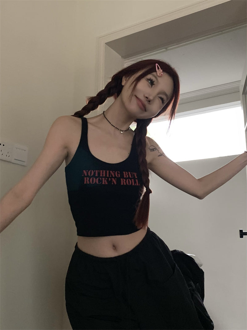 red lettering sleeveless crop top