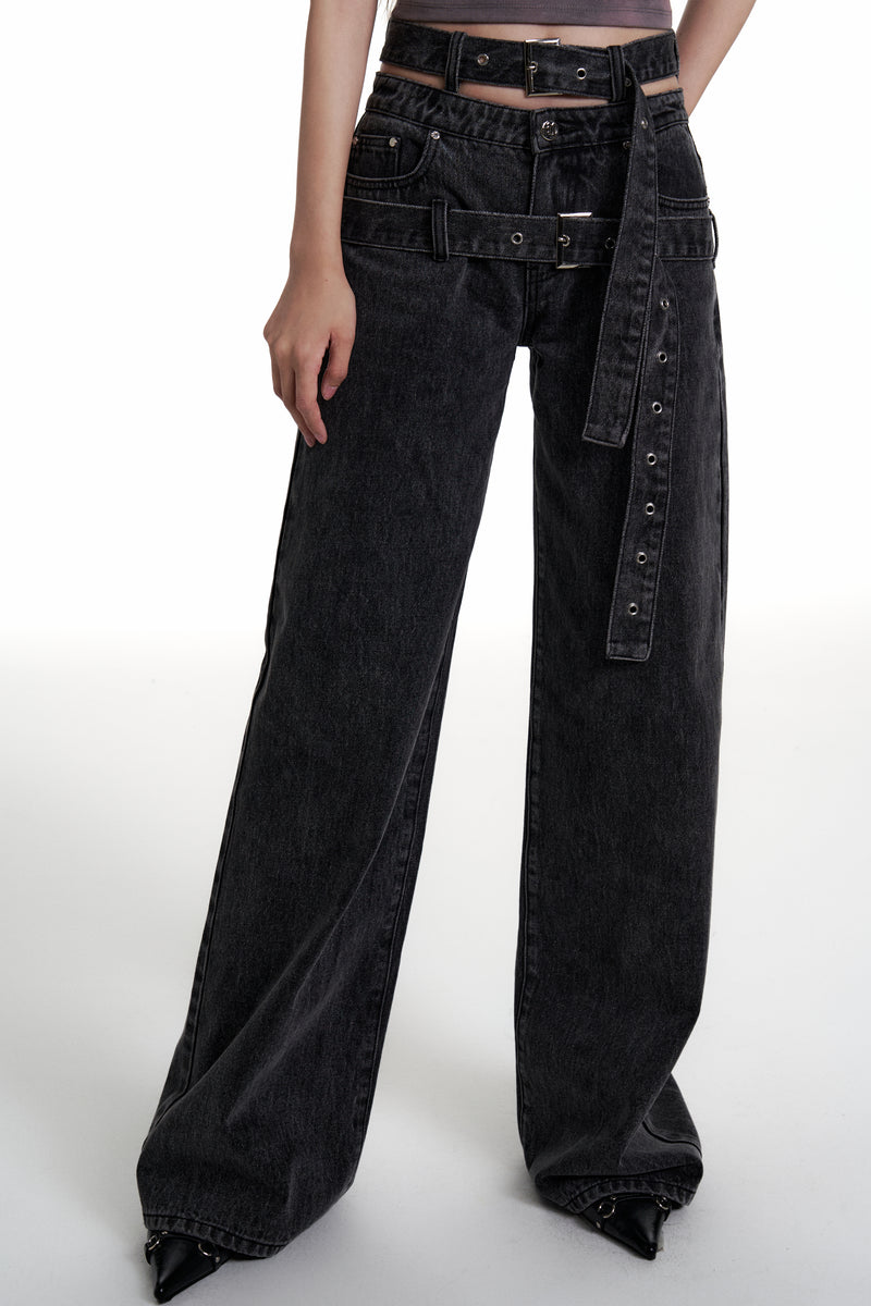 andwang double belted denim pants - デニム/ジーンズ