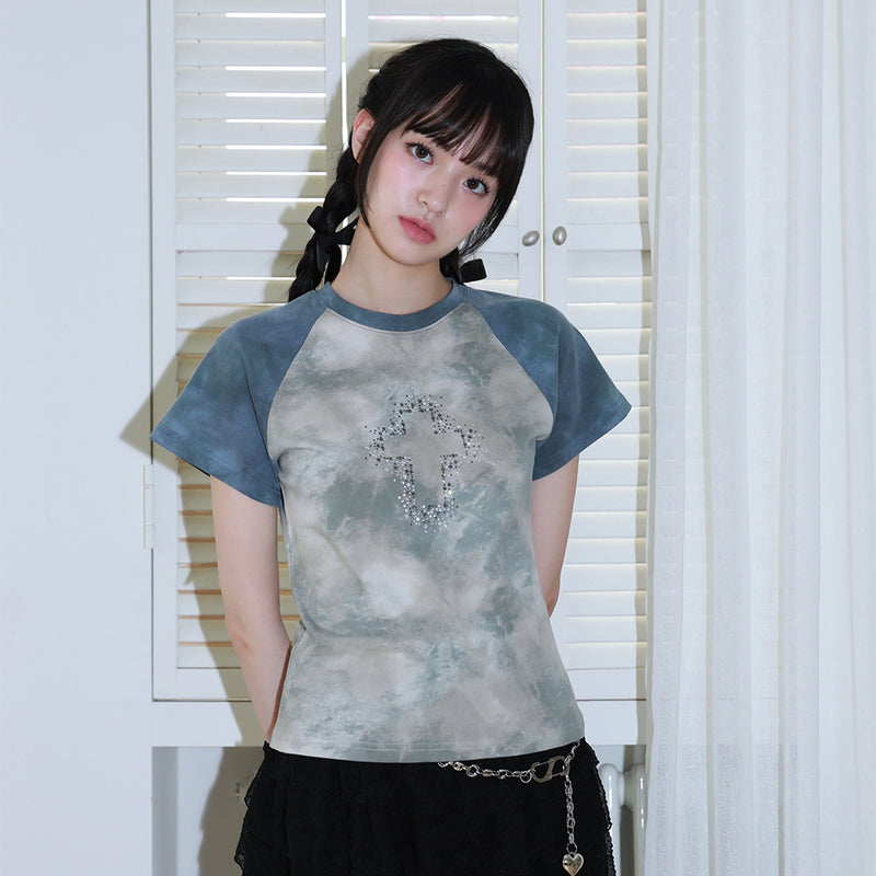 0 7 タイダイクロスTシャツ / 0 7 tie-dye cross t-shirt - BLUE GREY