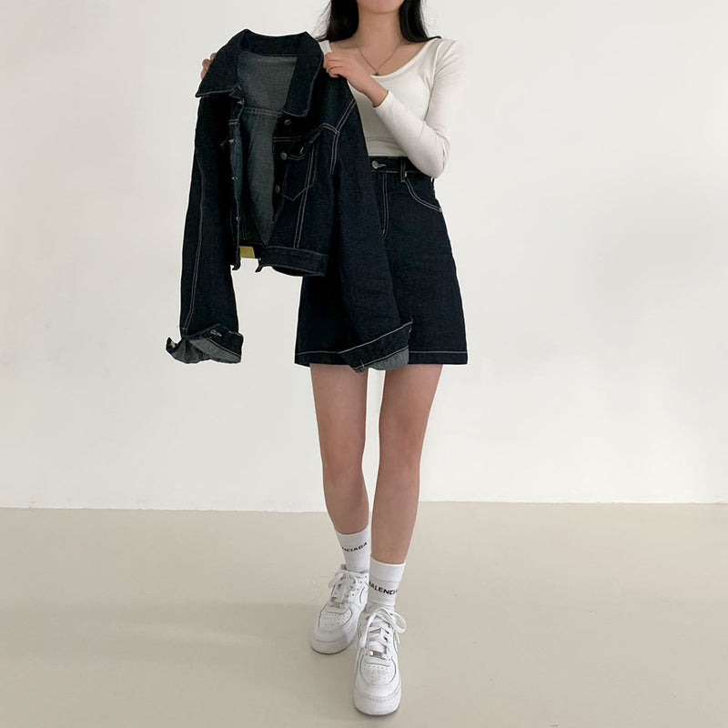 Contrast Stitch Denim Jacket And Skirt Set