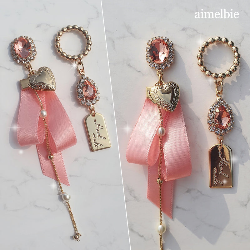 プレッピーピーチピンクリボンピアス / Preppy Peachpink Ribbon Piercing (Dreamcatcher  Yoohyeon/Weeekly Zoa Piercing)aimelbie/ {{ category }}