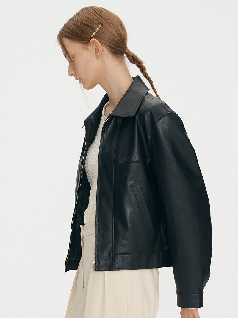 フェイクレザークロップジャケット/Fake leather crop jacket - Black