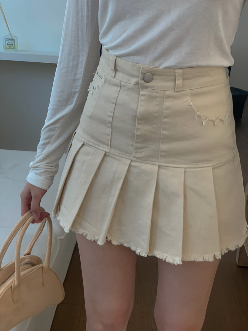 プリーツフリンジミニスカート/PLEATS FRINGE MINI SKIRT(WHITE, BEIGE