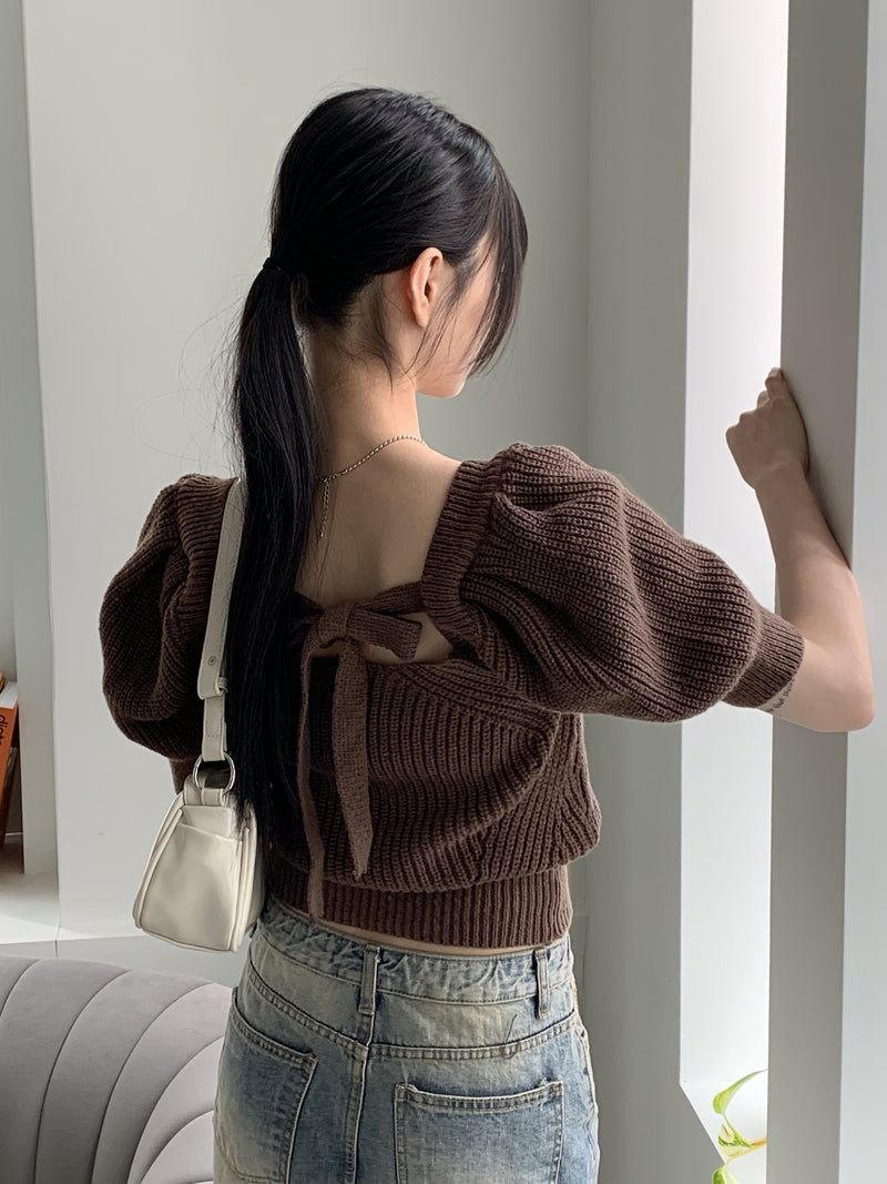 ロミエンパフスクエアバックリボン半袖ニット / Romien Puff Square Back Ribbon Short-Sleeved Knit