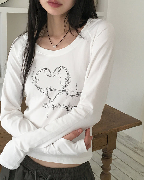 Tasha Heart Print Deep U-Neck Slim Long Sleeve Hoodie Sweatshirt