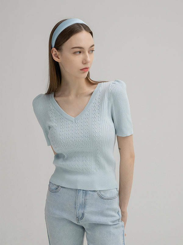 (T-6468) V-neck Sleeve Volume Cable Knit (6698289528950)
