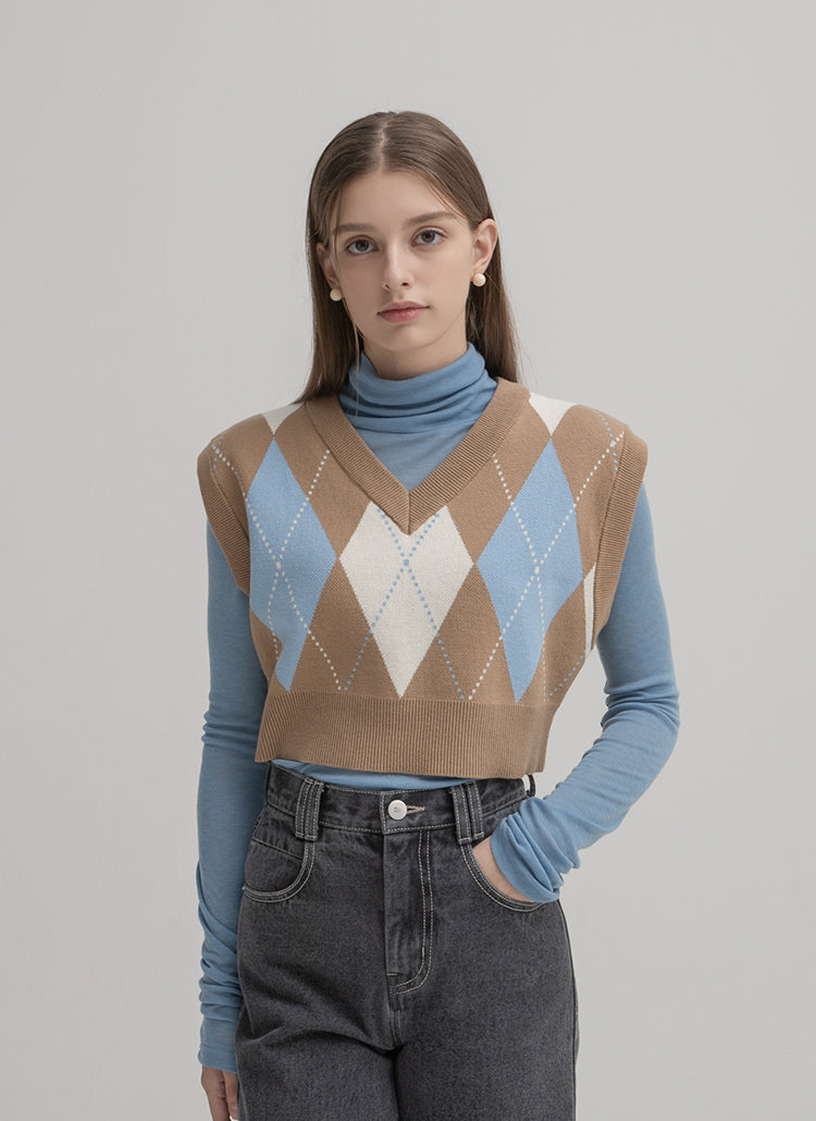 モーメントアーガイル クロップドニットベスト/(R-VT-0228) Moment Argyle Cropped Knitwear VestNAIN/  {{ category }}