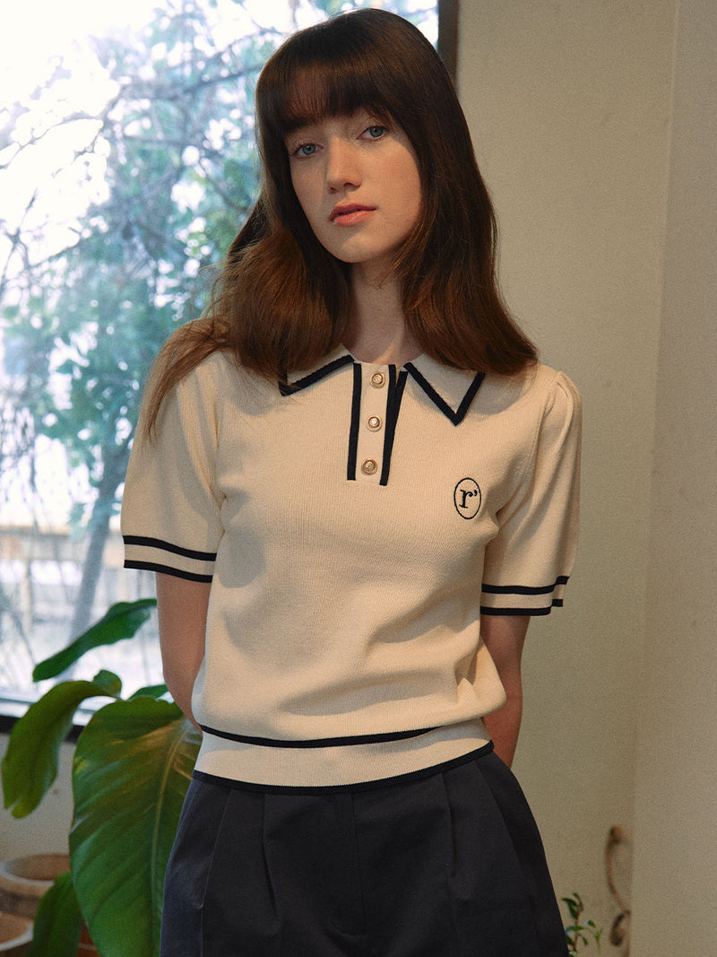 ラインカラーロゴニット/LINE COLLAR LOGO KNIT IVORY – 60