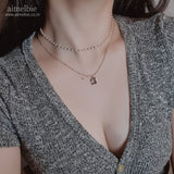 モダンダークグレースクエアクリスタルレイヤードネックレス / Modern Dark Gray Square Crystal Layered Necklace