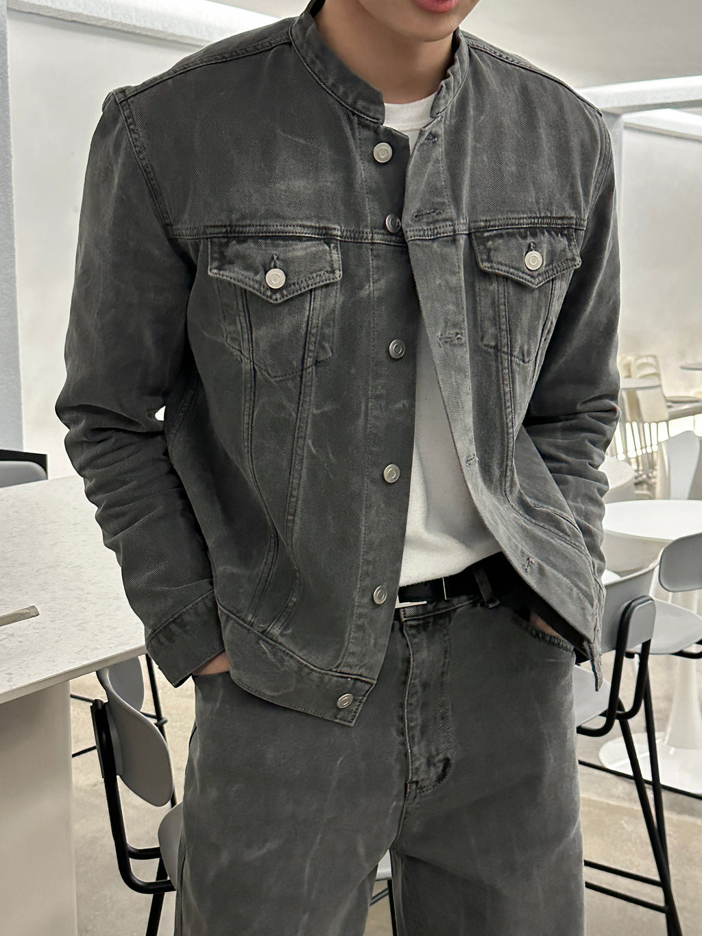 セミオーバーチャイナセットアップデニムジャケット / LMN Semi-Over China Setup Denim Jacket (Gray)